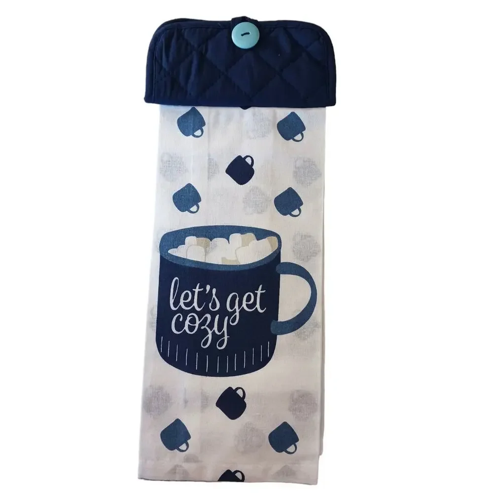 Handmade Lets Get Cozy Kitchen Hand Towel Blue White Winter Christmas Holidays